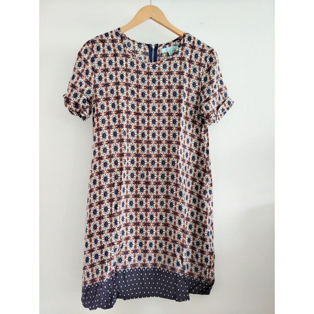 She & Sky Geometric Navy Burgundy Shortsleeves Rayon Shift Boho Dress Small